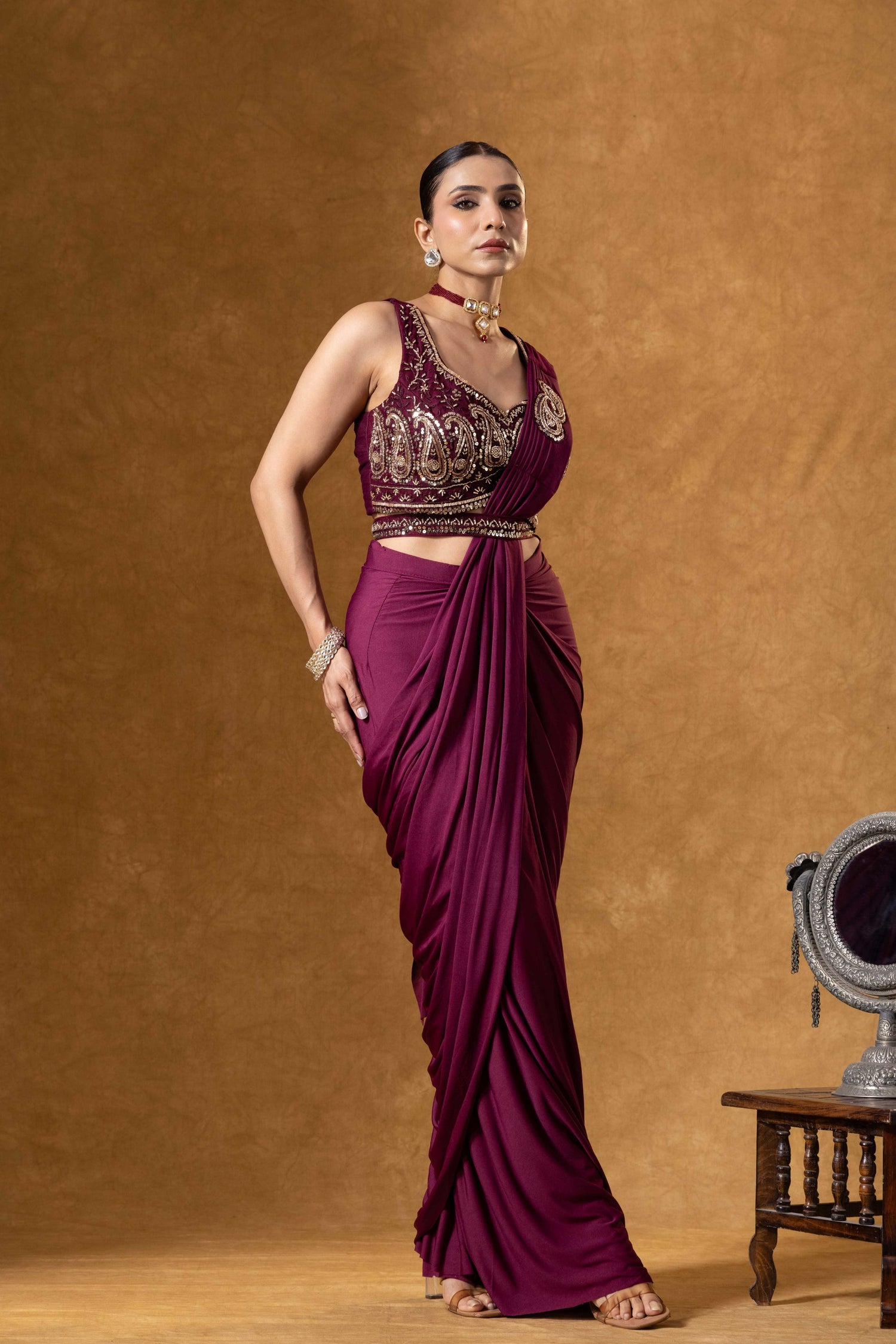 Deep Wine Draped Saree Ensemble