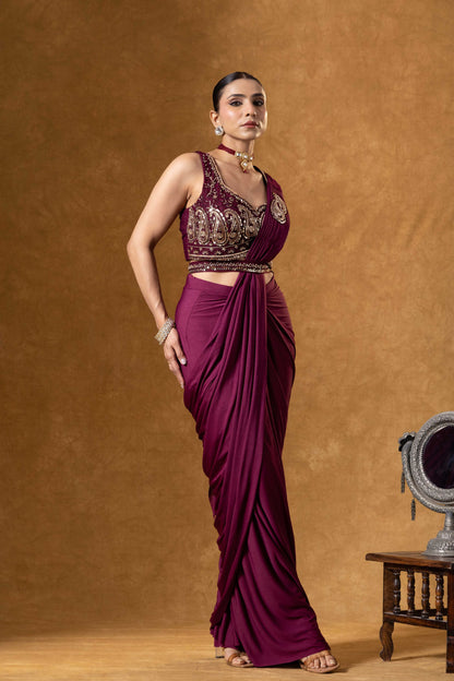 Deep Wine Draped Saree Ensemble