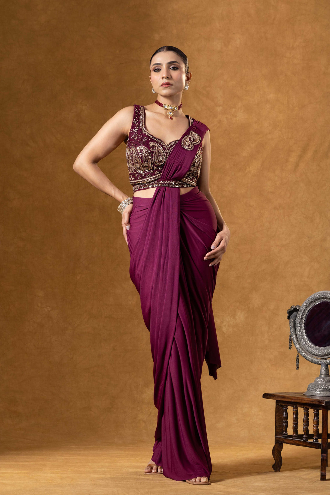 Deep Wine Draped Saree Ensemble