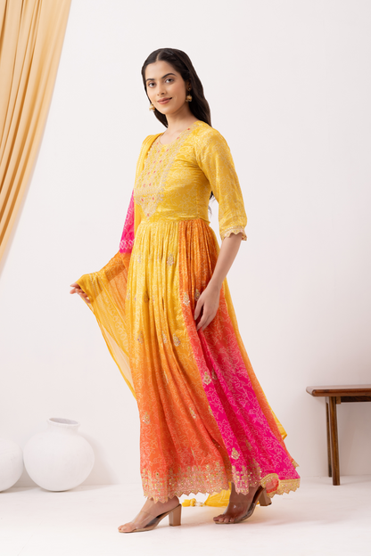 Yellow &amp; Pink Ombre Crepe Printed &amp; Hand Embroidered Anarkali Set