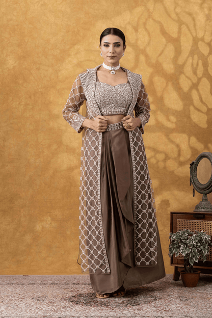 Mocha Brown Embellished Jacket &amp; Drape Skirt Set