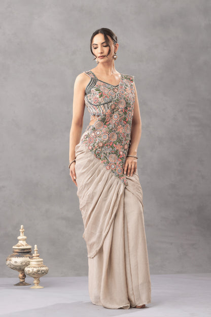 Warm Beige Draped Saree with Floral Embroidered Blouse