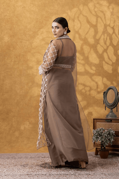 Mocha Brown Embellished Jacket &amp; Drape Skirt Set