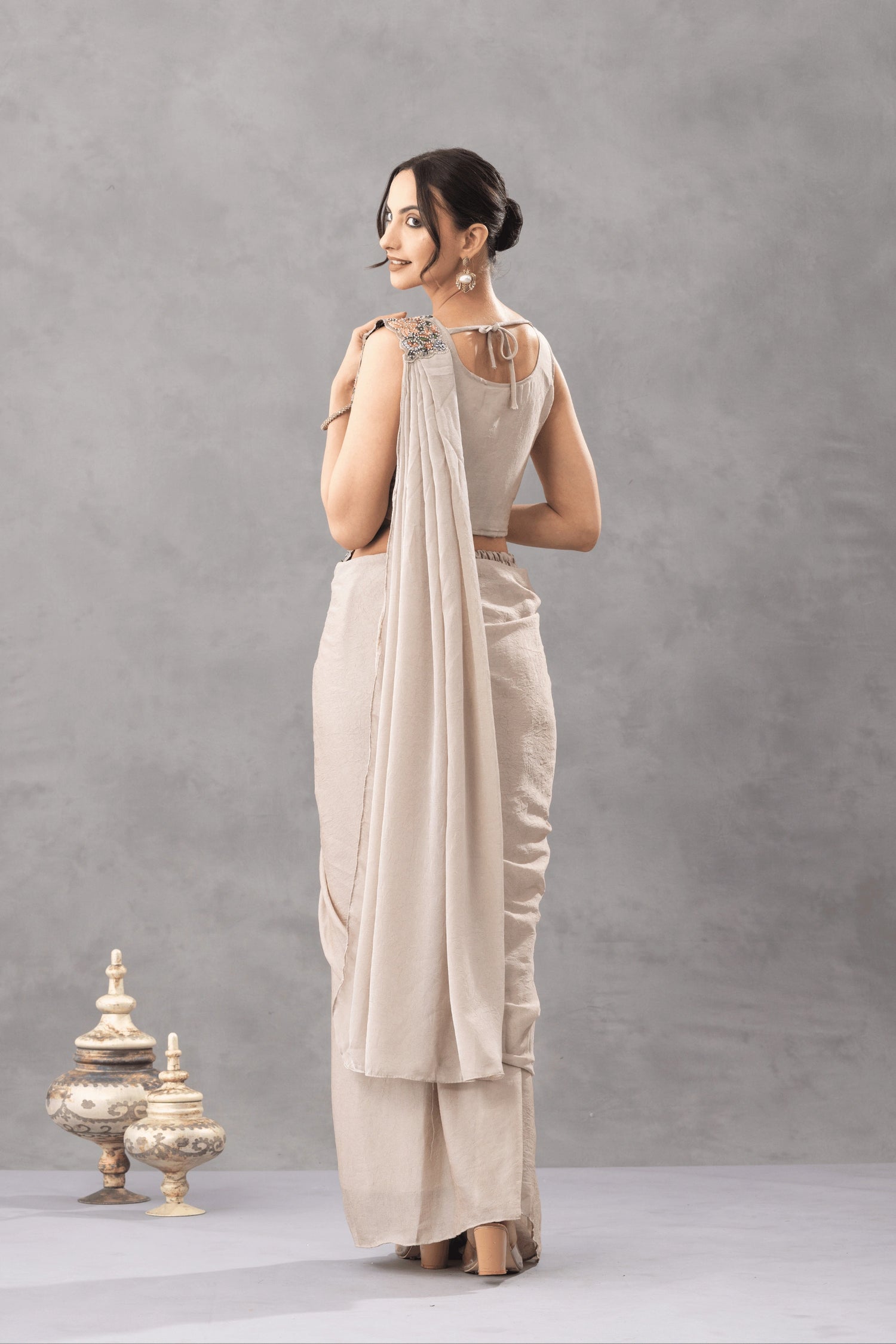 Warm Beige Draped Saree with Floral Embroidered Blouse
