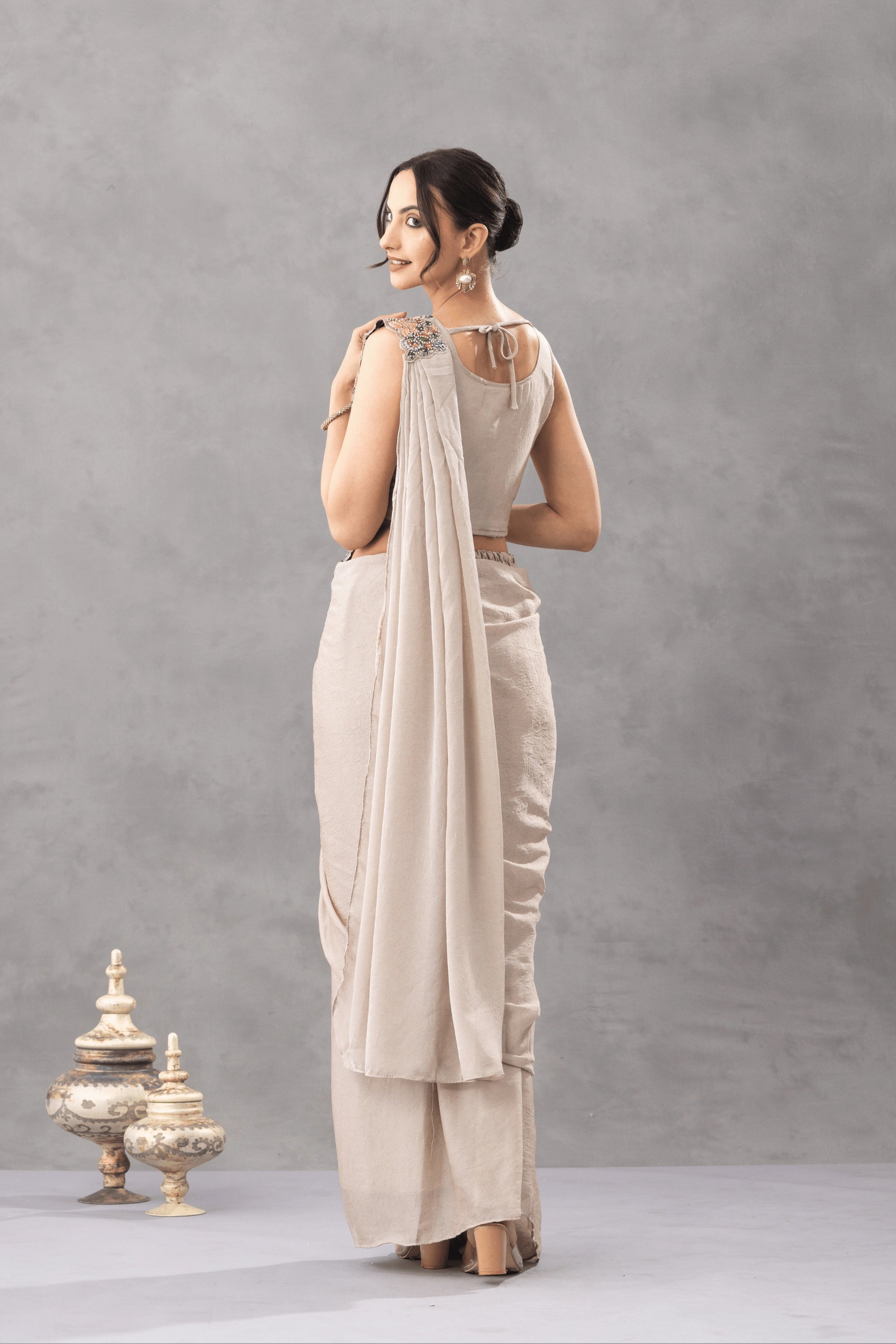 Warm Beige Draped Saree with Floral Embroidered Blouse