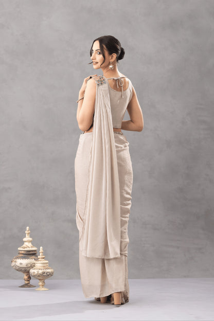 Warm Beige Draped Saree with Floral Embroidered Blouse