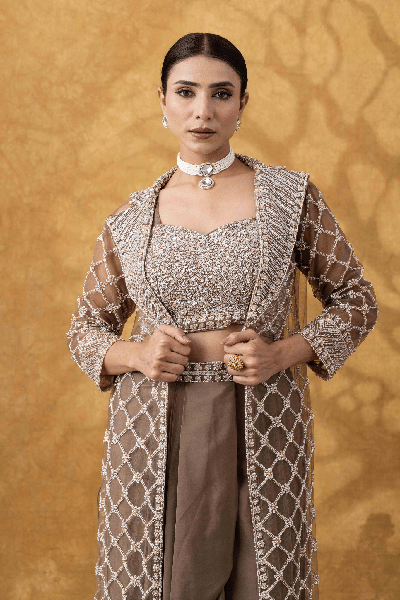 Mocha Brown Embellished Jacket &amp; Drape Skirt Set