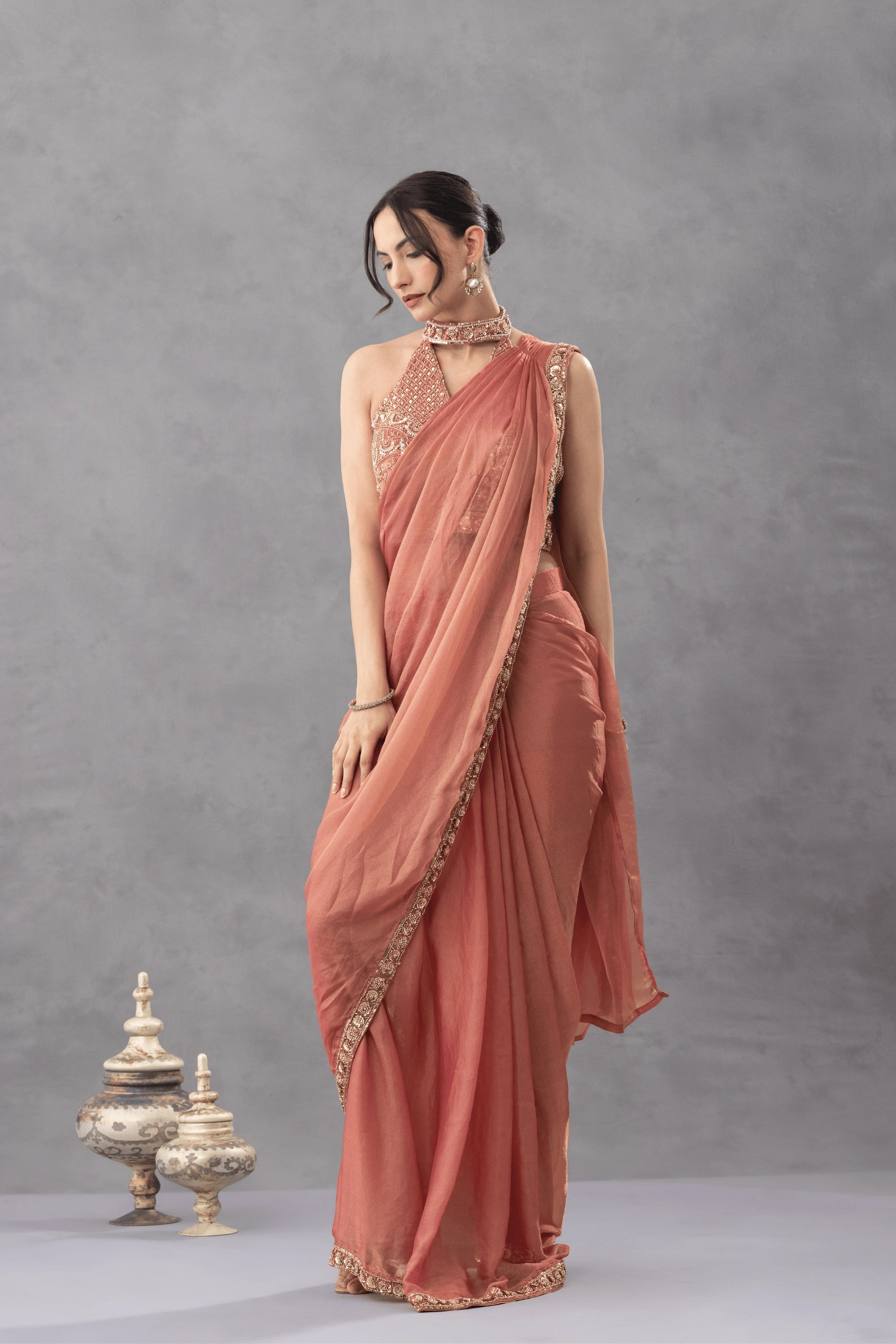 Peach Ombre Draped Saree with Statement Blouse