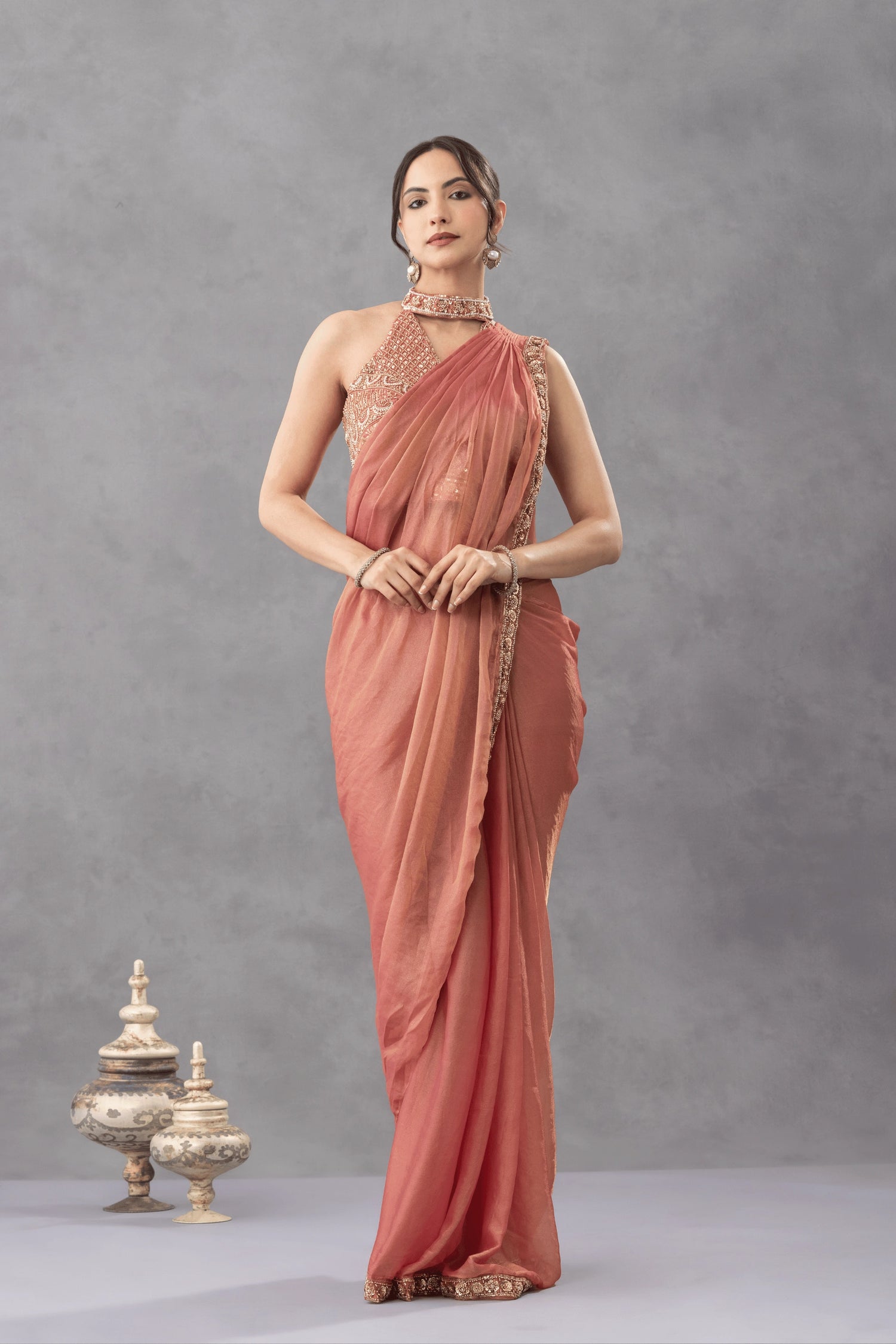 Peach Ombre Draped Saree with Statement Blouse