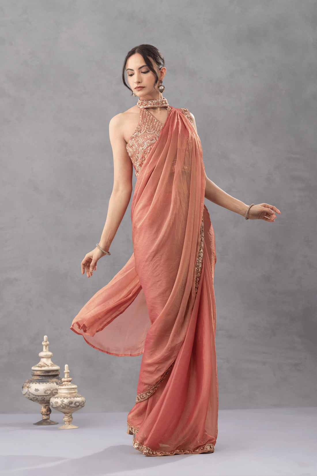 Peach Ombre Draped Saree with Statement Blouse