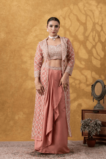 Rose Pink Embellished Jacket &amp; Drape Skirt Set