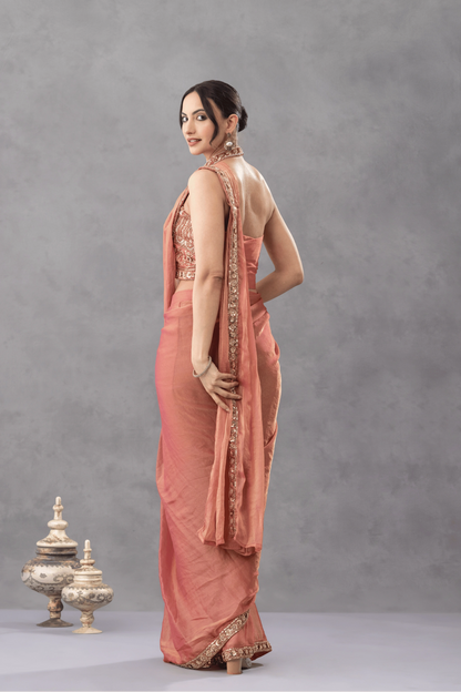Peach Ombre Draped Saree with Statement Blouse