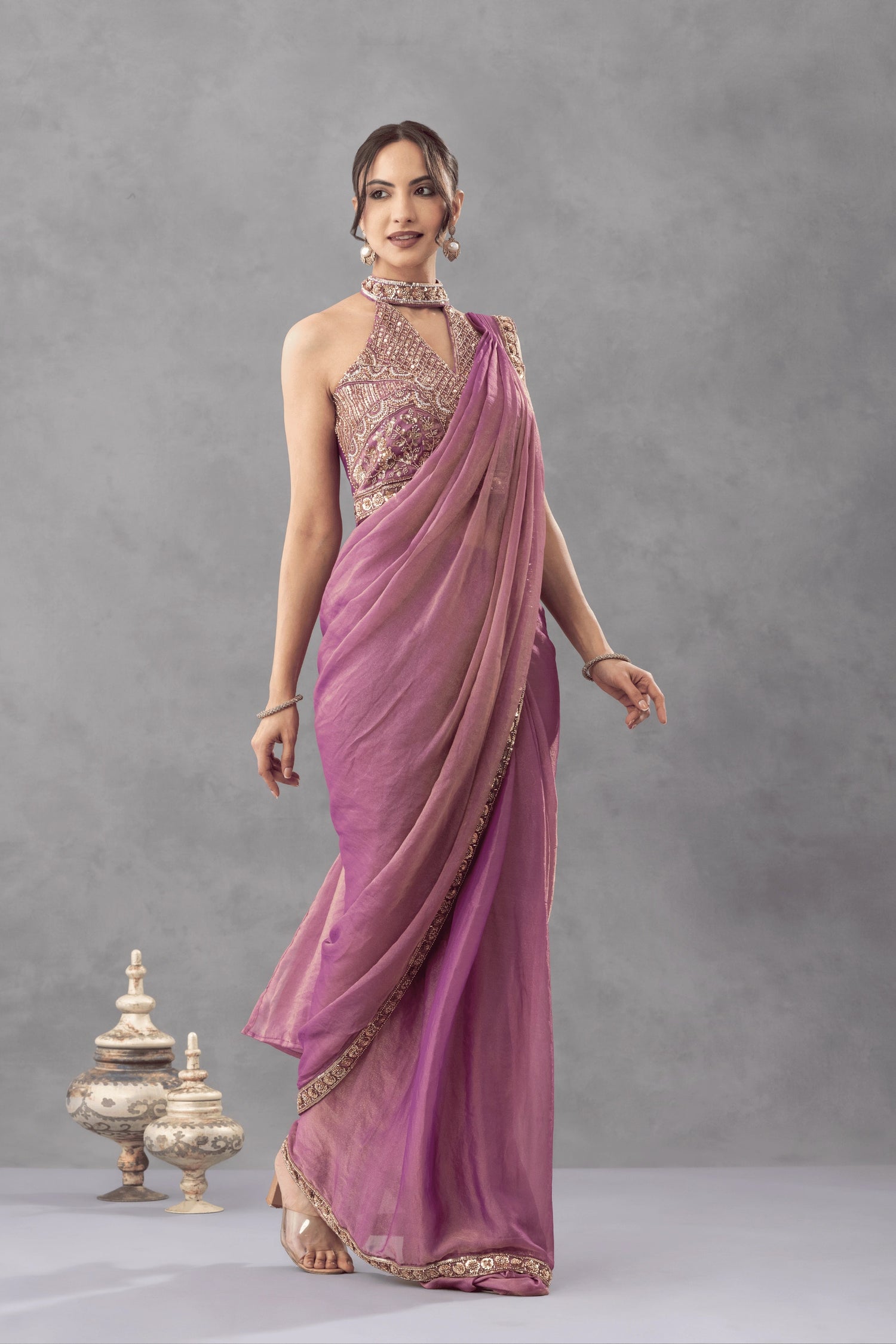 Mauve Draped Saree with Embellished Blouse