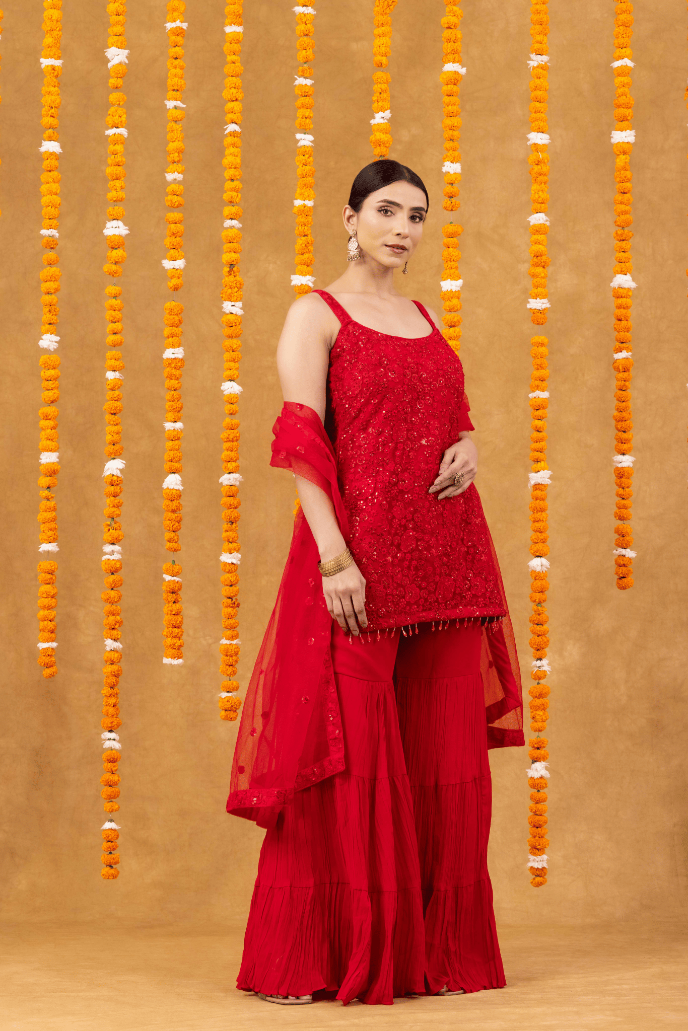 Festive Charm Red Georgette Palazzo Set