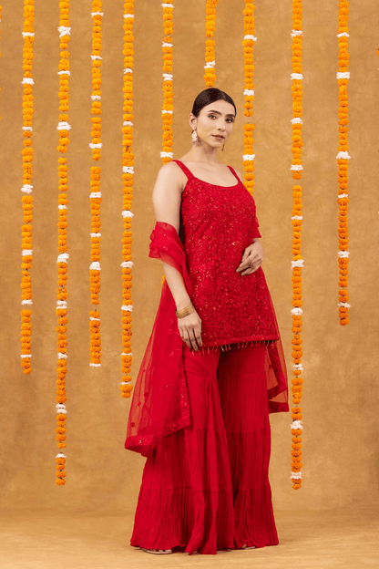 Festive Charm Red Georgette Palazzo Set