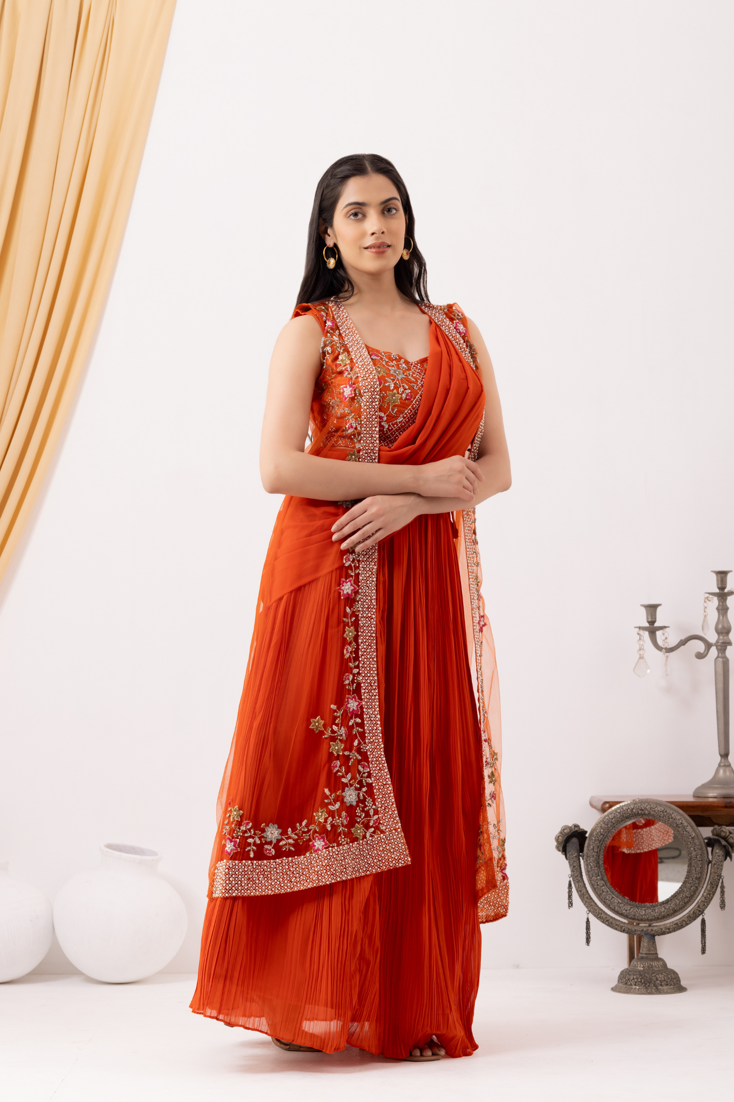 Orange Georgette Draped Jacket Saree Set