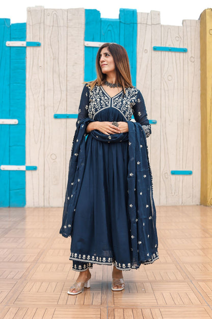 Mulmul Cotton Anarkali Blue Kurta With Pant &amp; Dupatta