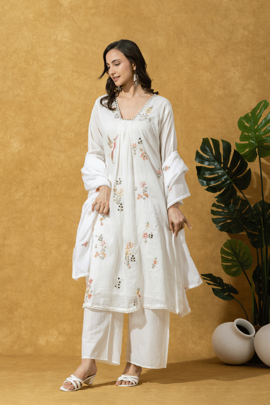 Ivory Floral Embroidered Kurta Set