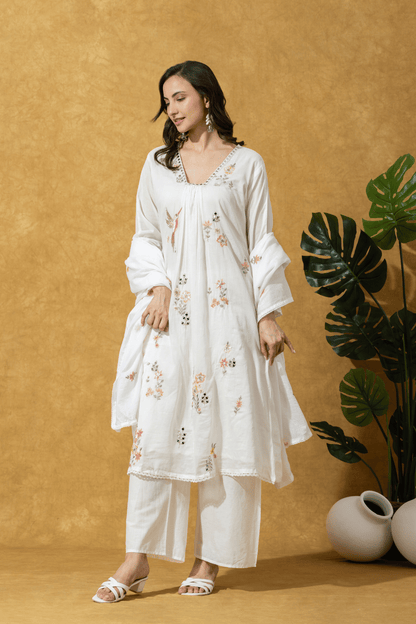 Ivory Floral Embroidered Kurta Set