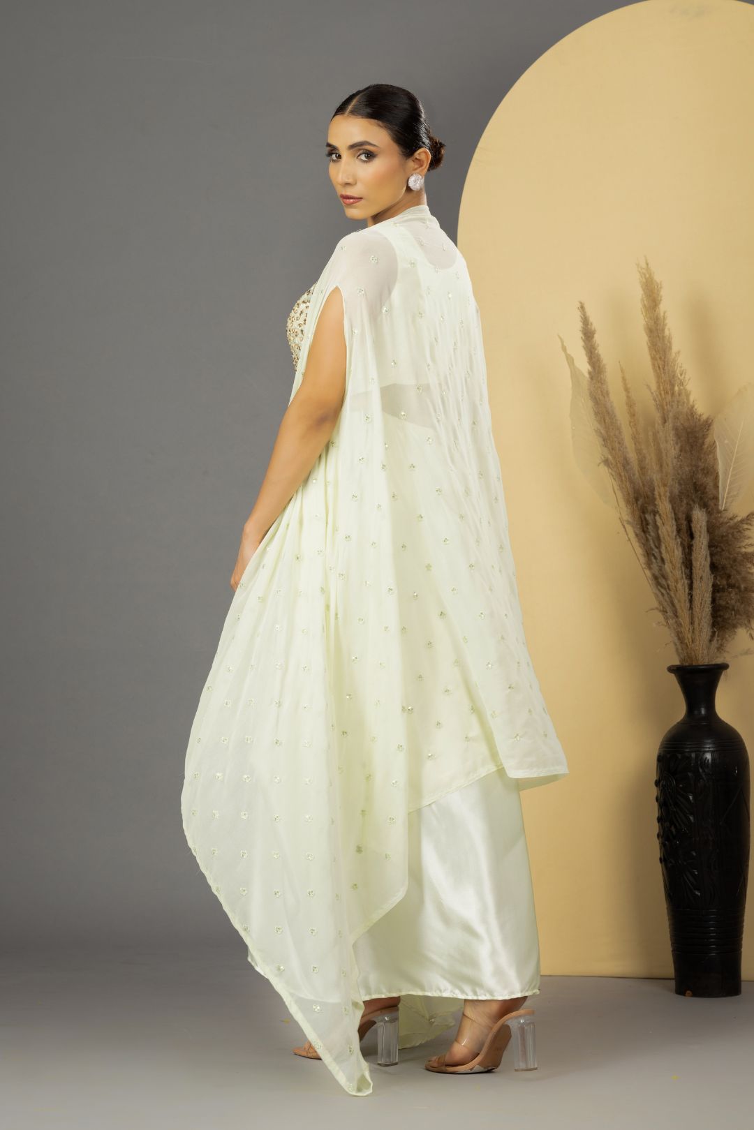 Pearl White Mirror Work Dhoti Style Set with Cape