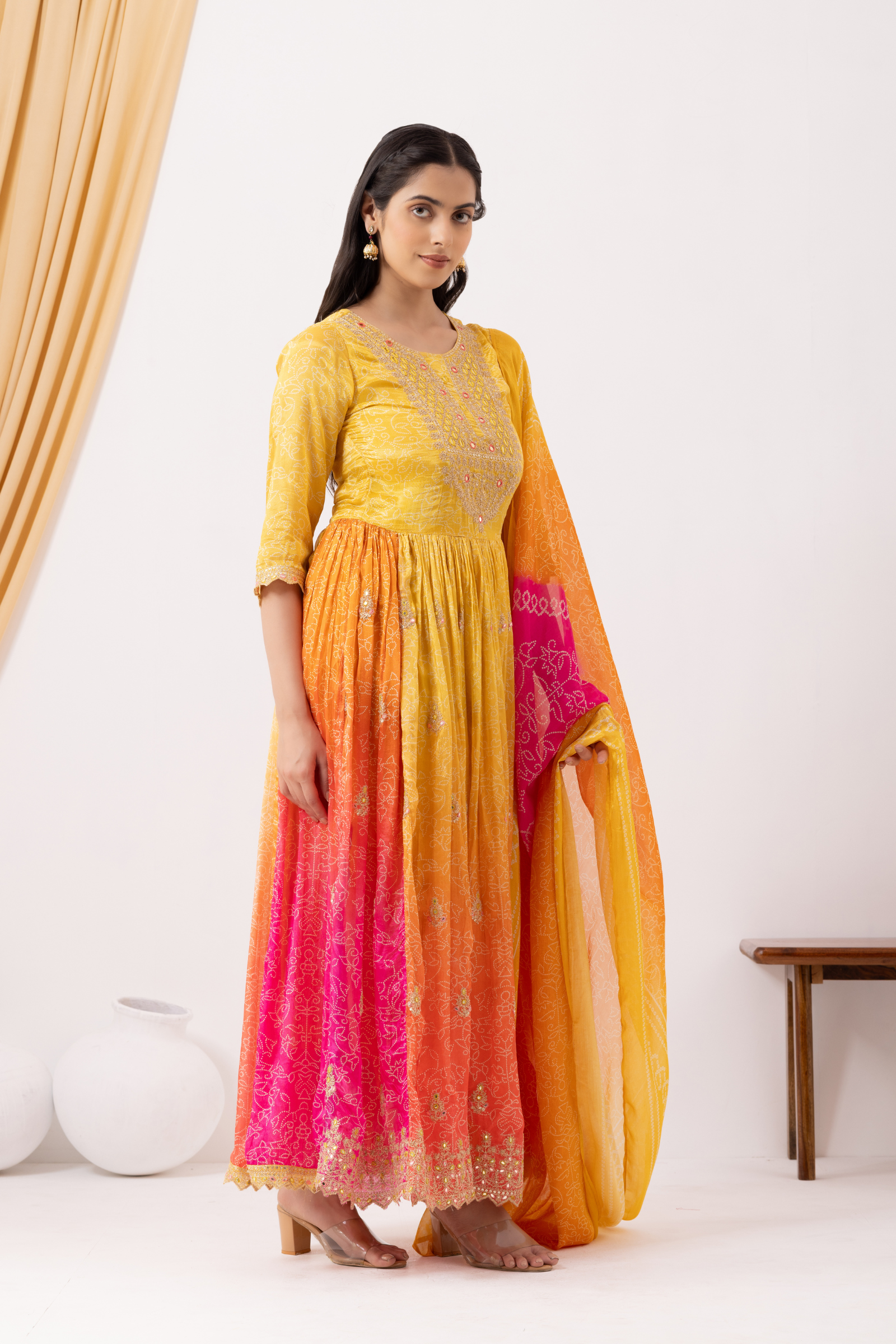 Yellow &amp; Pink Ombre Crepe Printed &amp; Hand Embroidered Anarkali Set