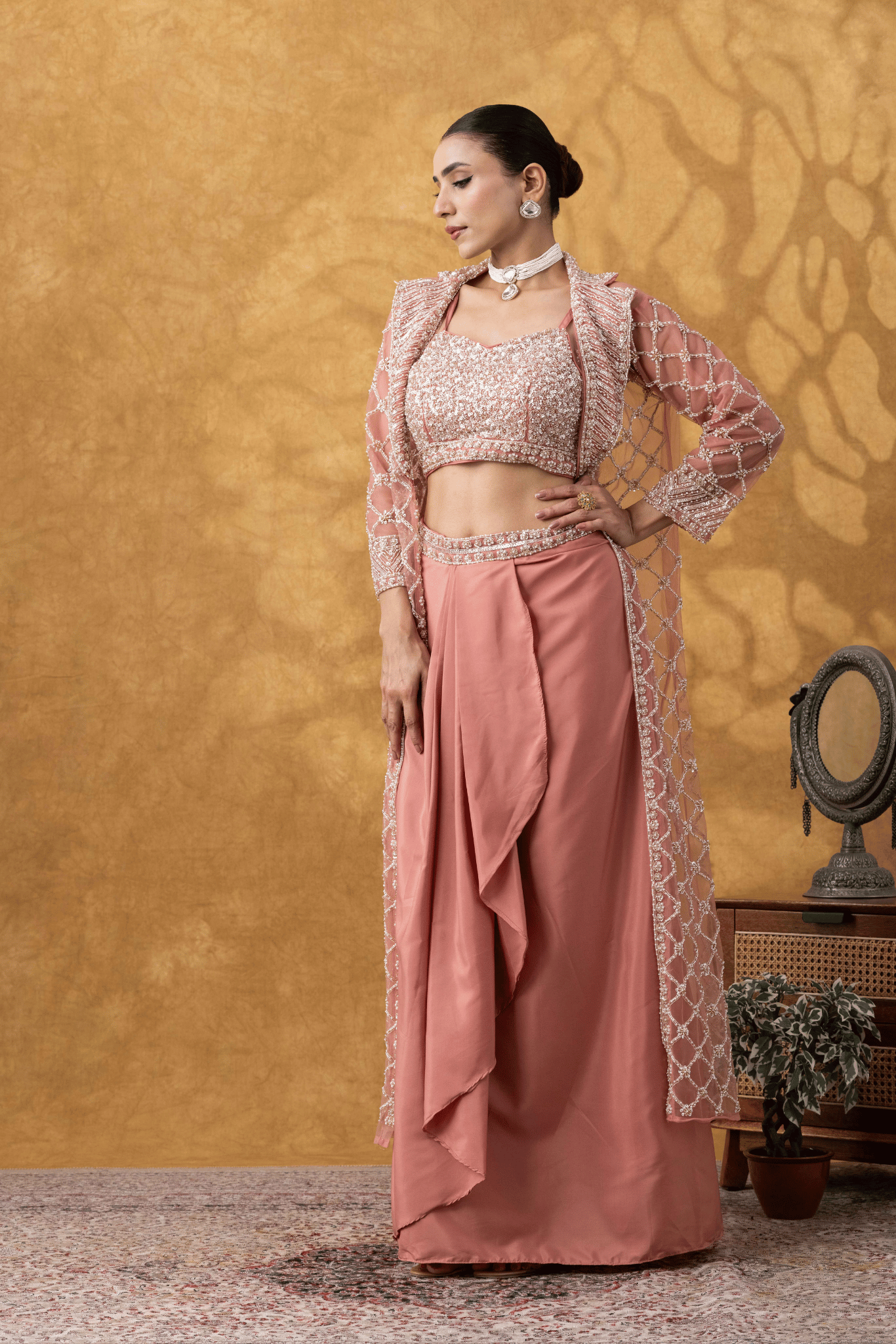 Rose Pink Embellished Jacket &amp; Drape Skirt Set