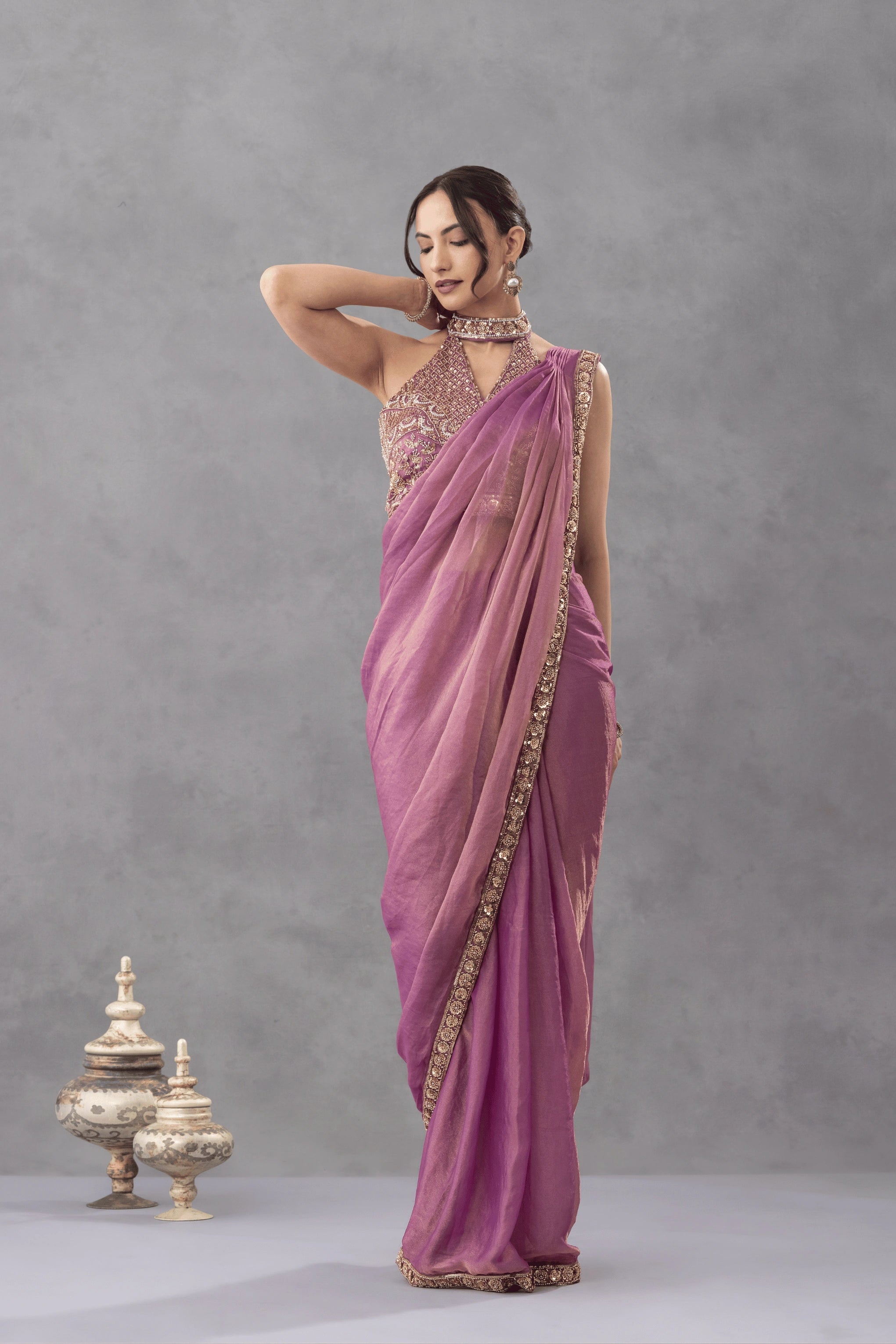 Mauve Draped Saree with Embellished Blouse