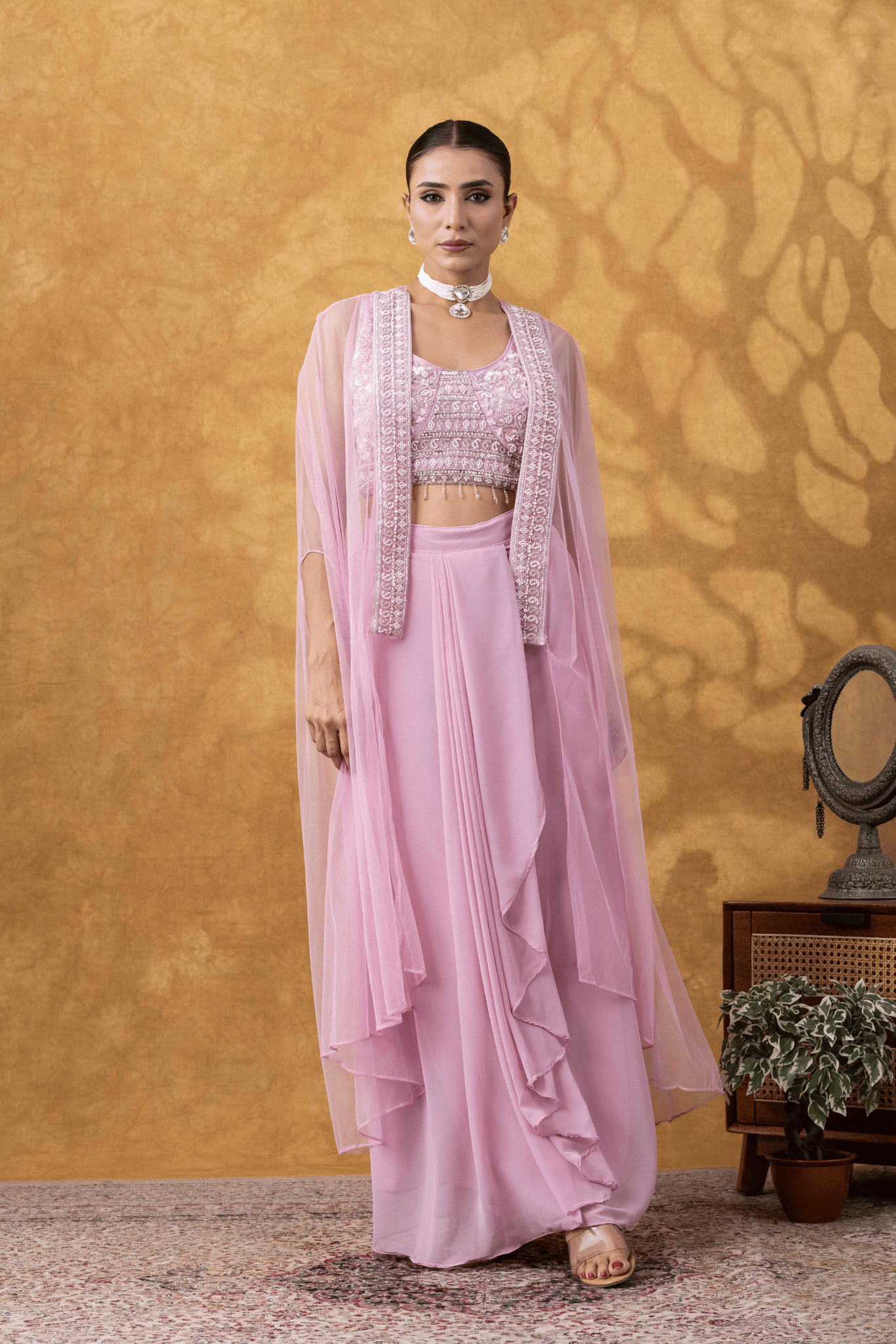 Blush Pink Cape &amp; Cowl Skirt Set