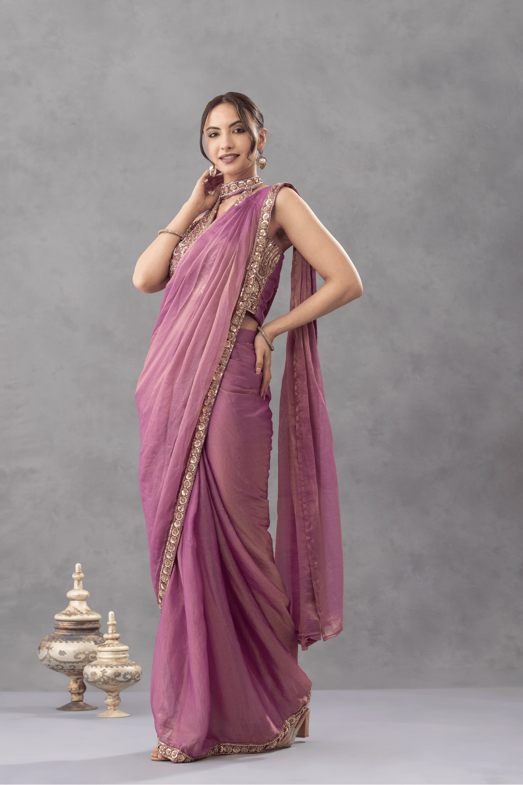 Mauve Draped Saree with Embellished Blouse