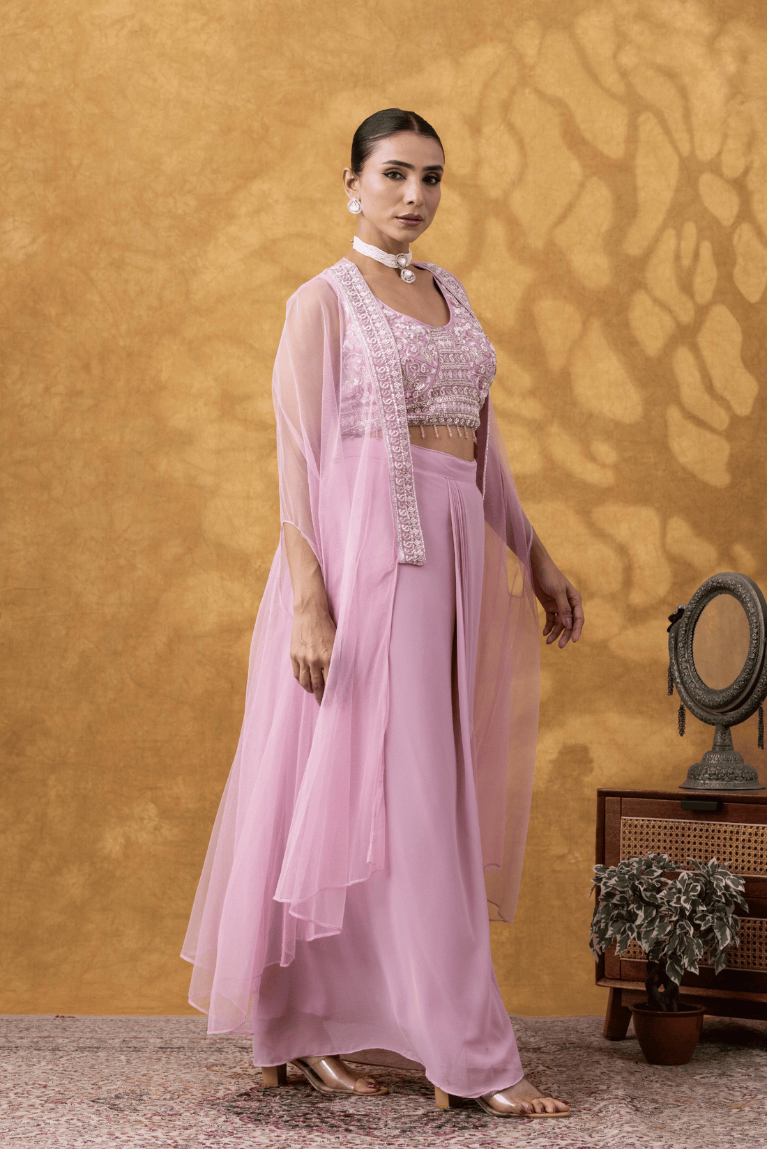 Blush Pink Cape &amp; Cowl Skirt Set