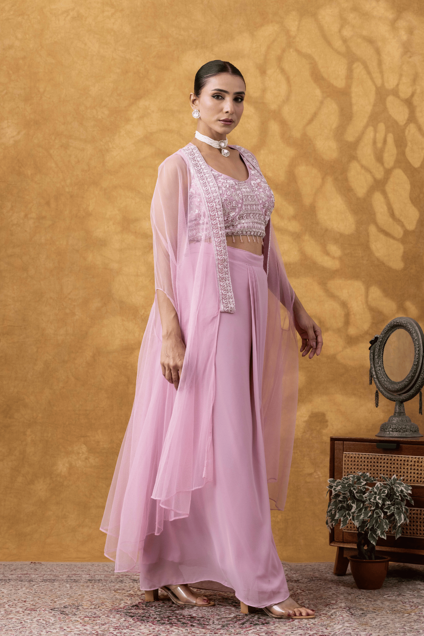 Blush Pink Cape &amp; Cowl Skirt Set