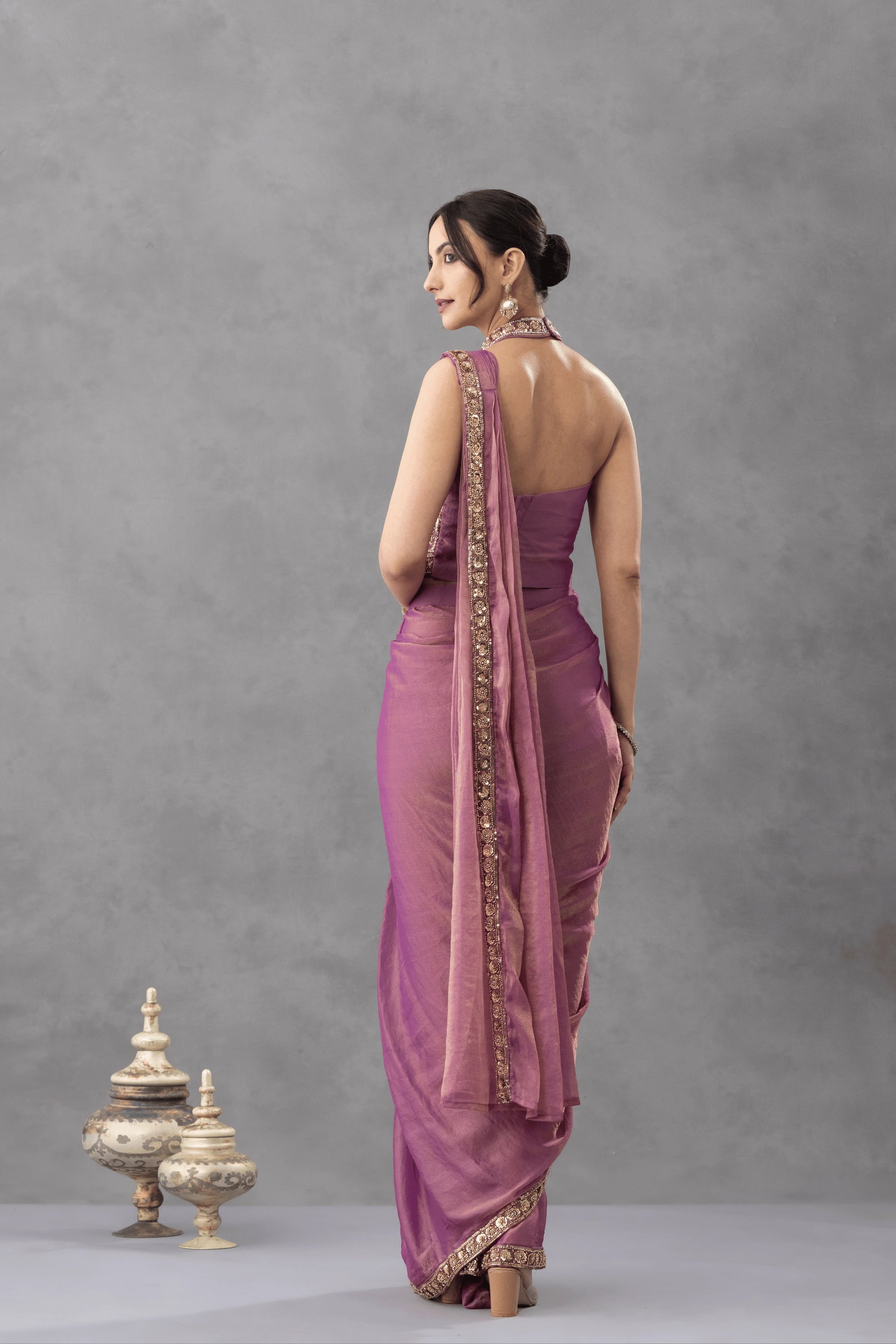 Mauve Draped Saree with Embellished Blouse