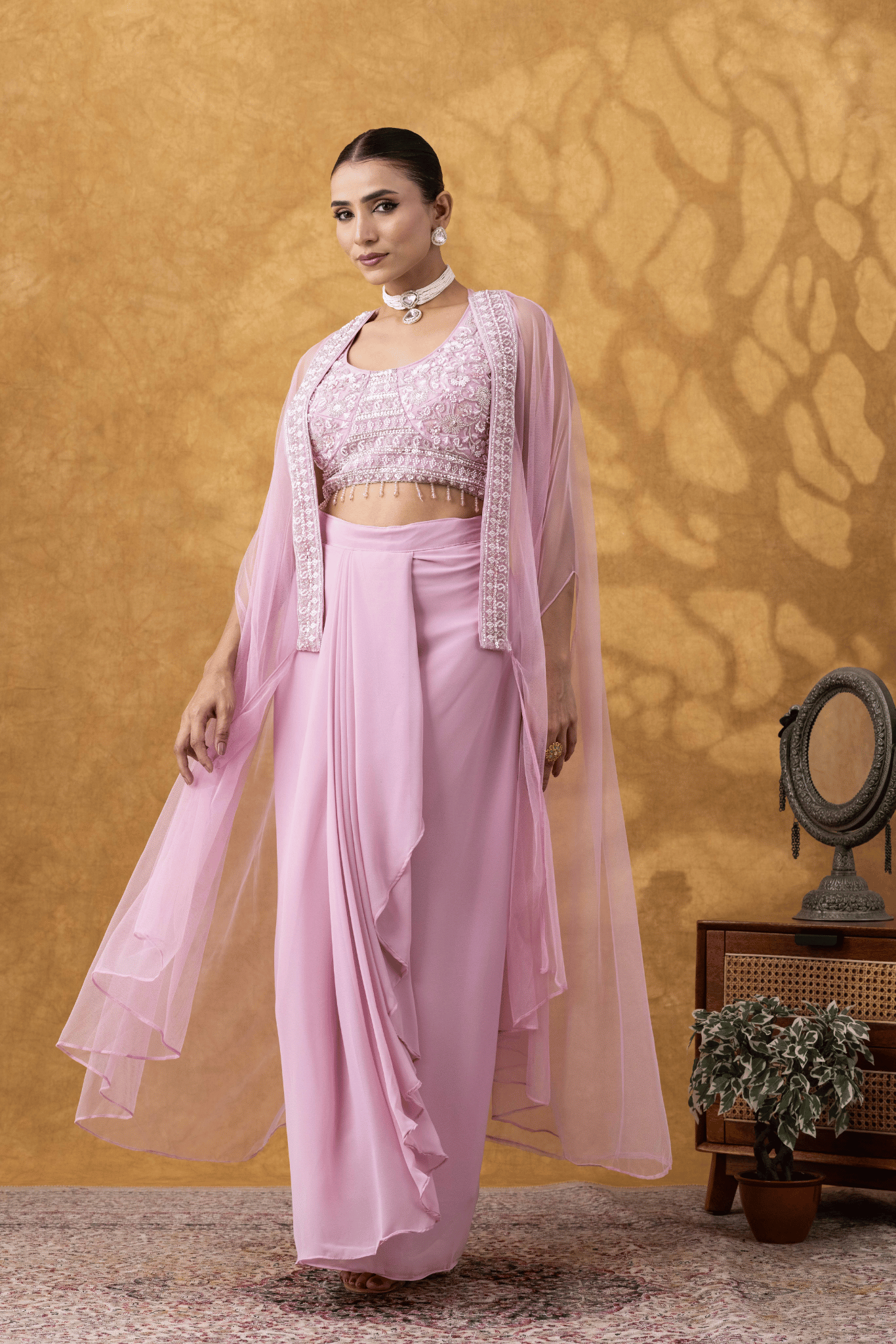 Blush Pink Cape &amp; Cowl Skirt Set