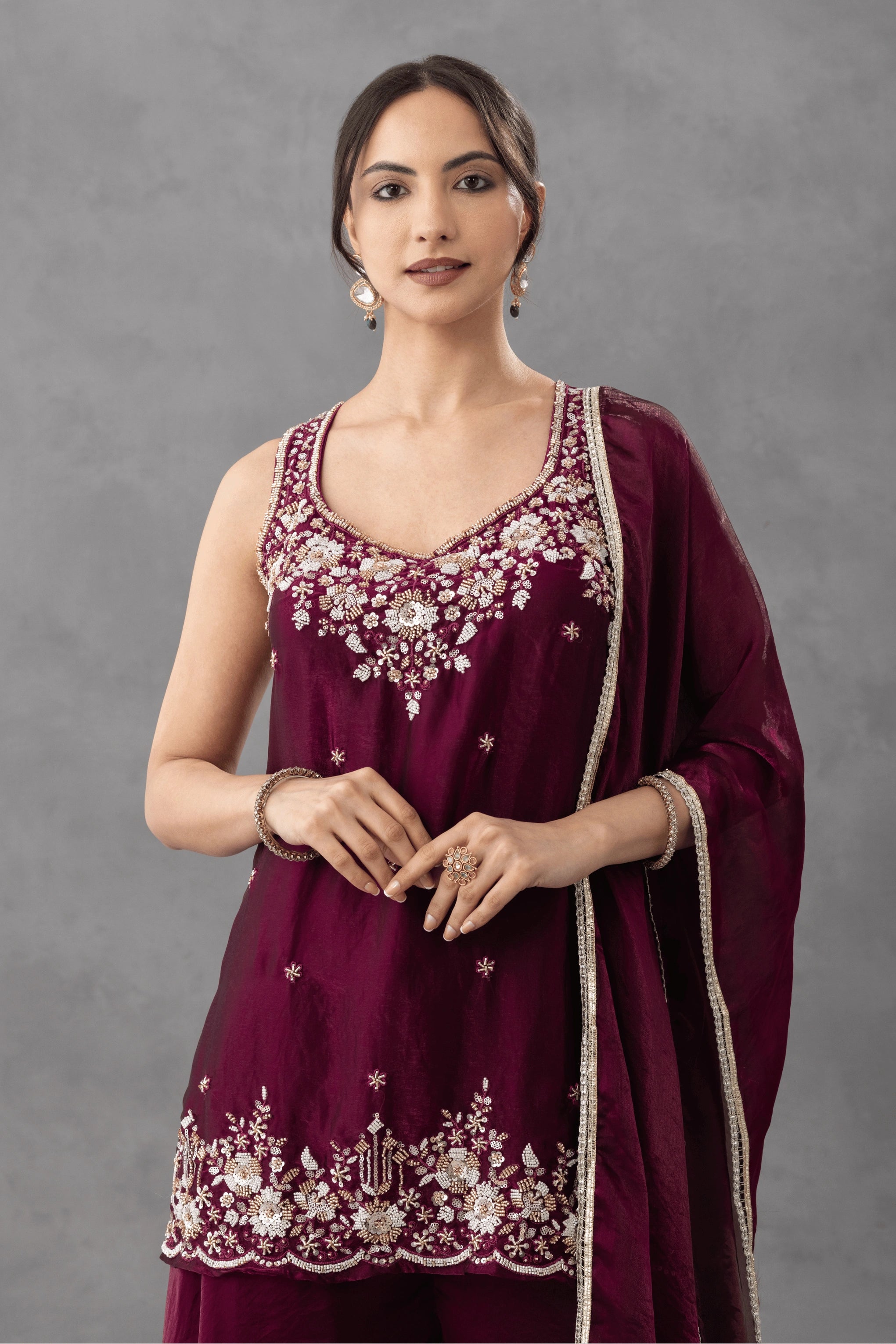 Wine Embroidered Kurta Palazzo Set