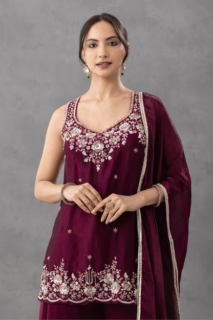 Wine Embroidered Kurta Palazzo Set