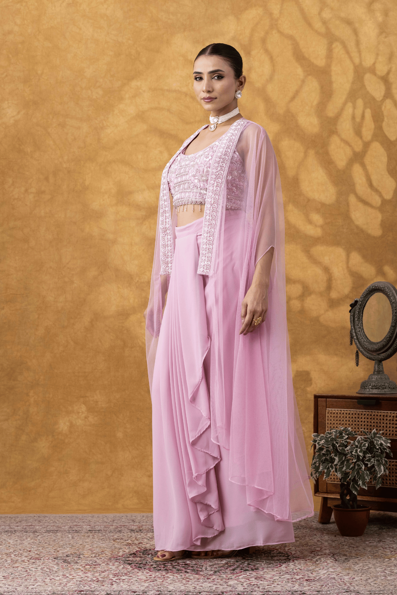 Blush Pink Cape &amp; Cowl Skirt Set