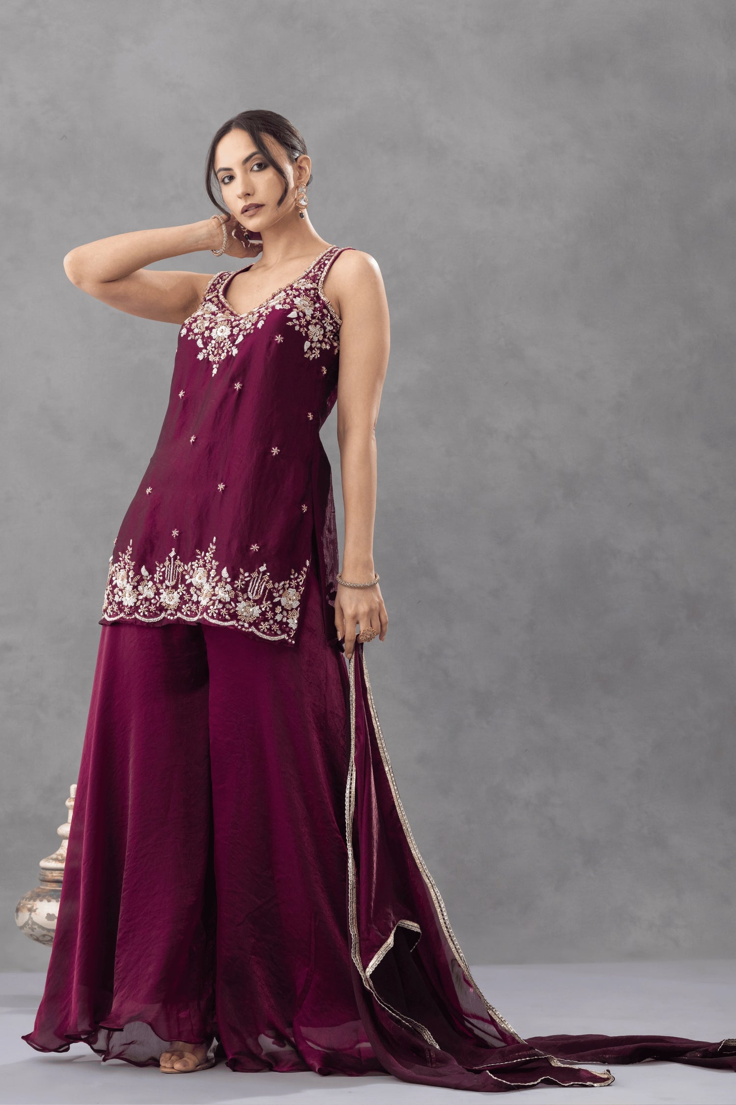 Wine Embroidered Kurta Palazzo Set