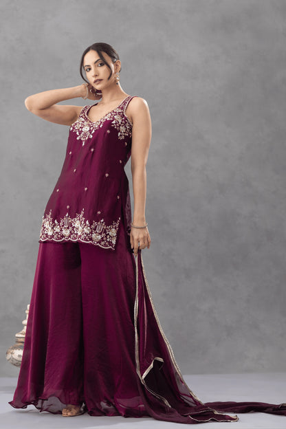 Wine Embroidered Kurta Palazzo Set