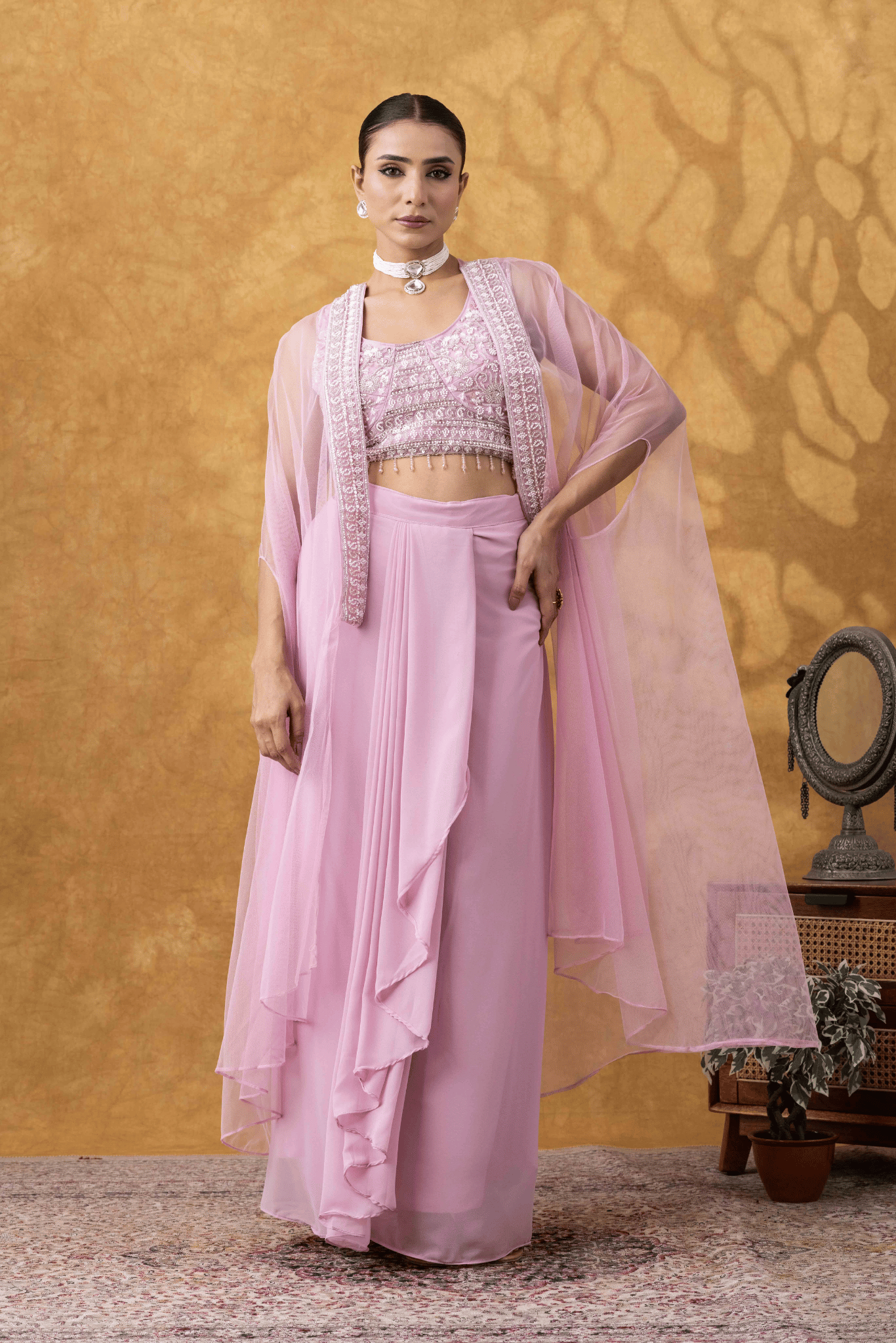 Blush Pink Cape &amp; Cowl Skirt Set