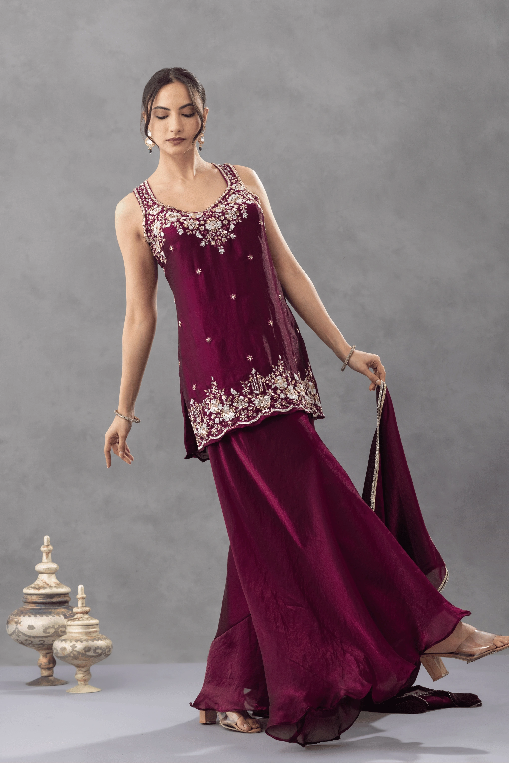 Wine Embroidered Kurta Palazzo Set