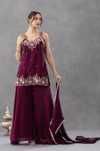 Wine Embroidered Kurta Palazzo Set