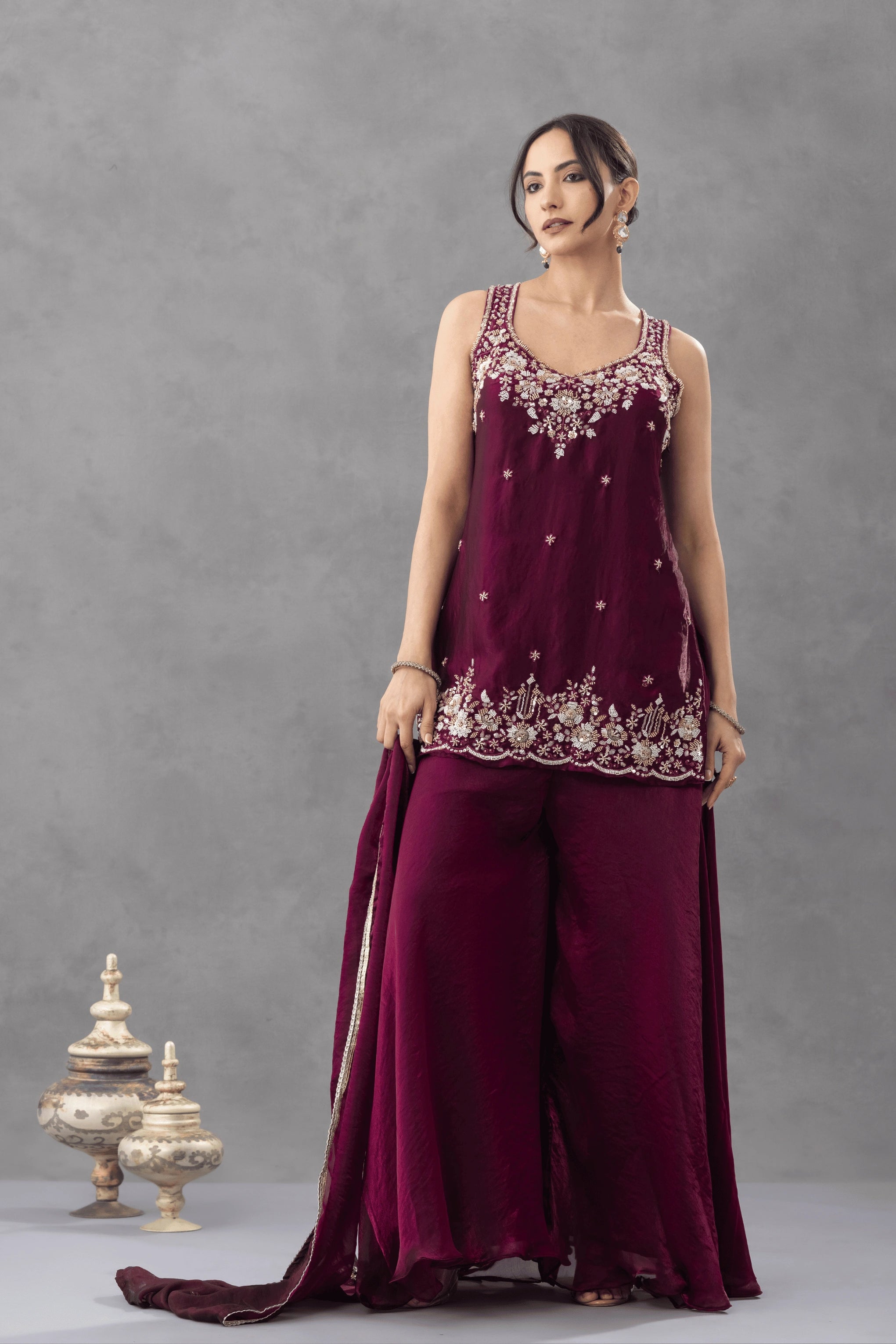 Wine Embroidered Kurta Palazzo Set