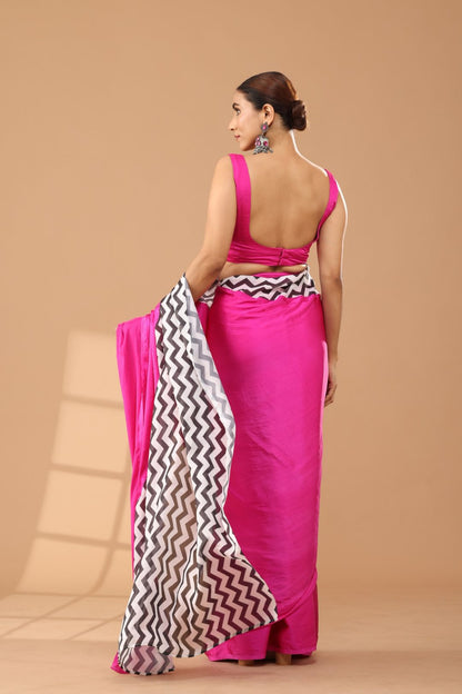 Fuchsia Satin Saree with Chevron Print &amp; Fabric Blouse