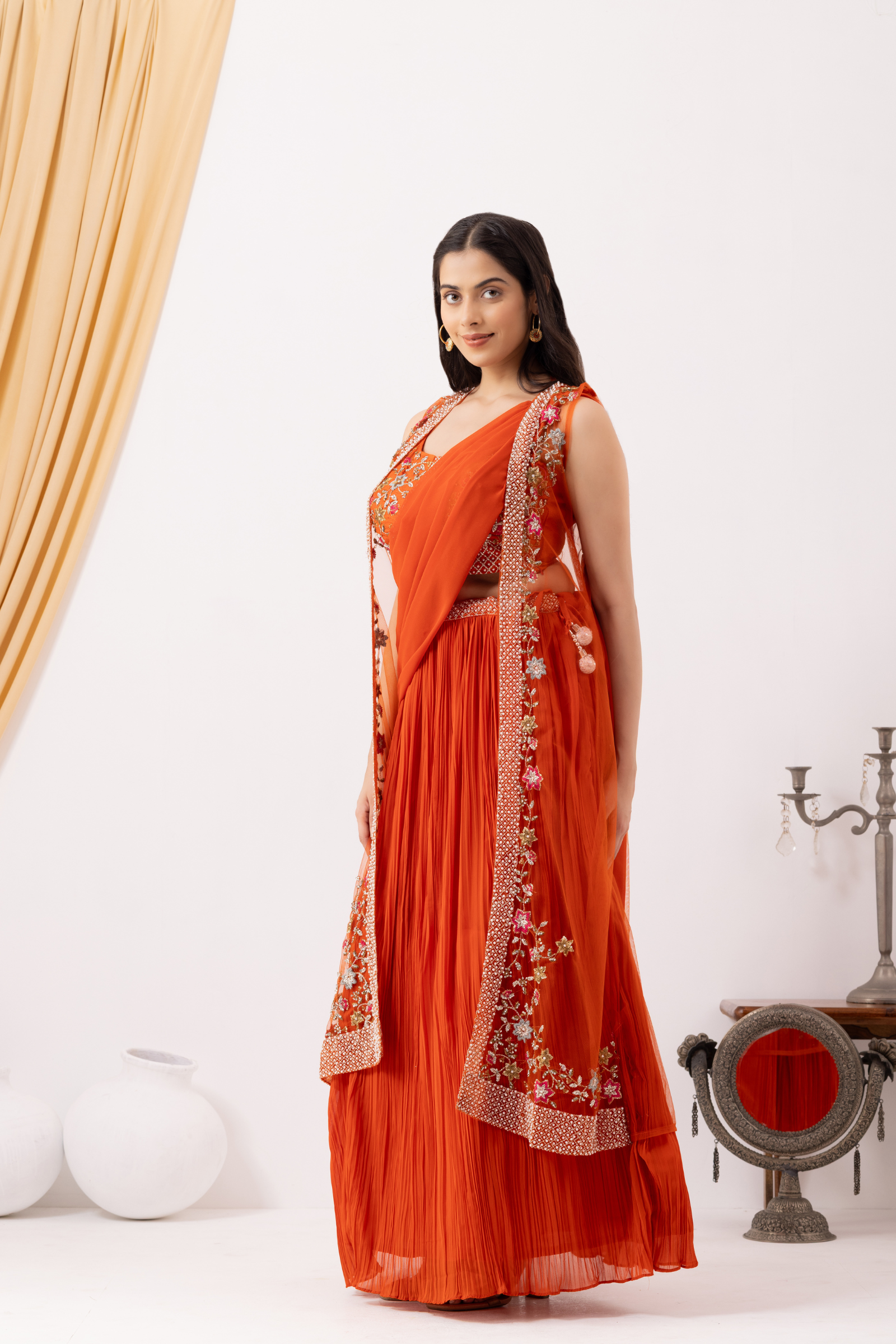 Orange Georgette Draped Jacket Saree Set