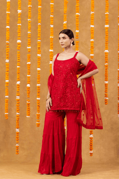 Festive Charm Red Georgette Palazzo Set