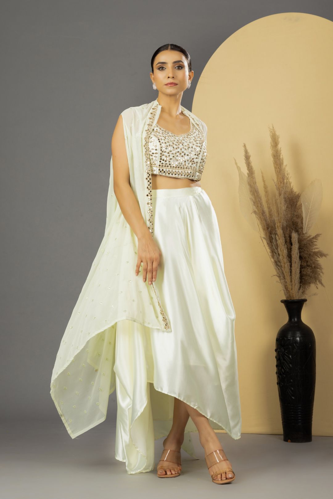 Pearl White Mirror Work Dhoti Style Set with Cape