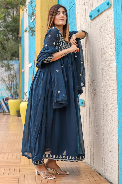 Mulmul Cotton Anarkali Blue Kurta With Pant &amp; Dupatta