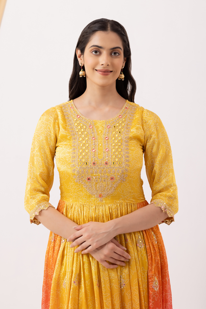 Yellow &amp; Pink Ombre Crepe Printed &amp; Hand Embroidered Anarkali Set