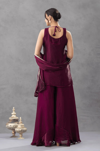 Wine Embroidered Kurta Palazzo Set