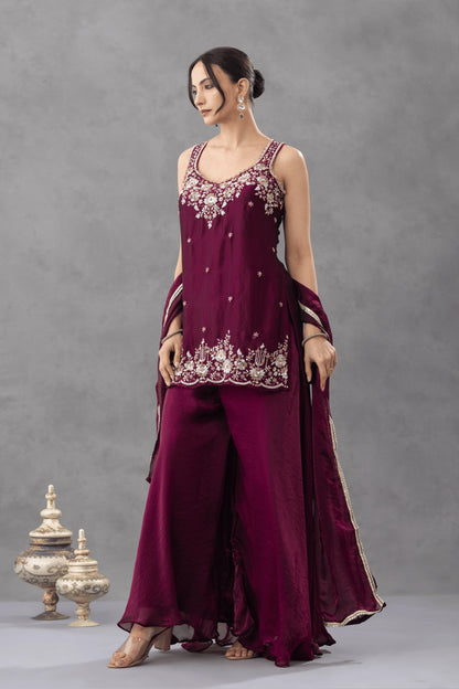 Wine Embroidered Kurta Palazzo Set
